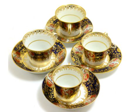 Set of four Chamberlain Worcester blue and gilt decorated tea cups and saucers, pattern number 290? CONDITION REPORT: Typical