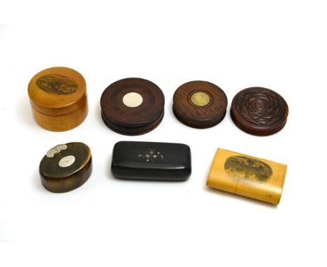 Three 19th century turned wood snuff boxes, a horn snuff box, two Mauchline ware boxes and a papier mache snuff box (7) CONDI