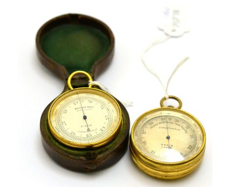 Two pocket aneroid barometers, silvered dial signed Davis Leeds, brass case with a suspension loop, 49mm wide, silvered dial 