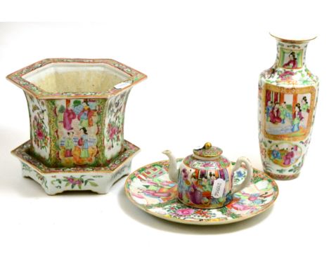 Cantonese hexagonal pot, stand, teapot, vase and plate CONDITION REPORT: Vase reglued, plate restored, others chipped. Plante