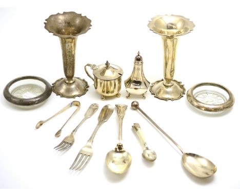 Assorted silver cutlery, pair of loaded vases, condiments etc  CONDITION REPORT: Sold as seen unless a specific item is reque