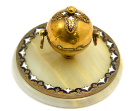 A blue and white enamel decorated circular brass inkwell, diameter of base 16cm CONDITION REPORT: Generally good condition. O