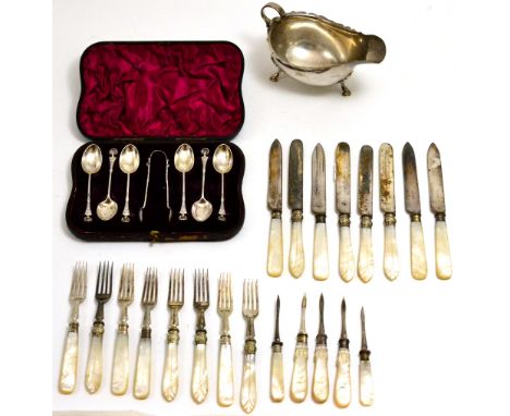 Plated mother-of-pearl handled knives and forks, silver sauce boat and a cased set of six silver teaspoons and sugar tongs CO