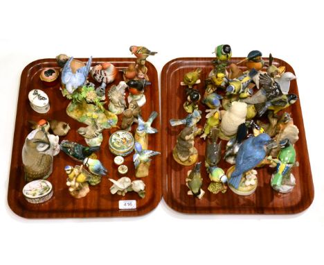 A collection of ceramic birds, snuff boxes etc, including Copenhagen owl, Goebel examples, a Crown Staffordshire budgerigar m