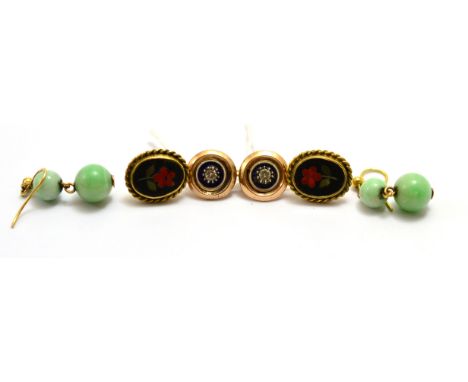 # Three pairs of earrings including; a pair of jade drop earrings, length 3.2cm, a pair of pietra dura earrings, depicting a 