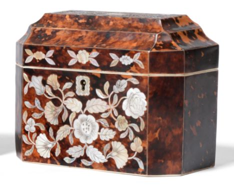 A tortoiseshell and mother-of-pearl tea caddy, 19cm wide CONDITION REPORT: Generally good condition. No significant areas of 