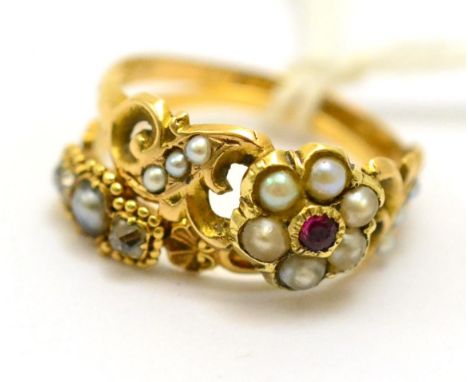 # A 15ct gold ruby and split pearl cluster ring, finger size N and a Victorian split pearl and diamond three stone ring, with