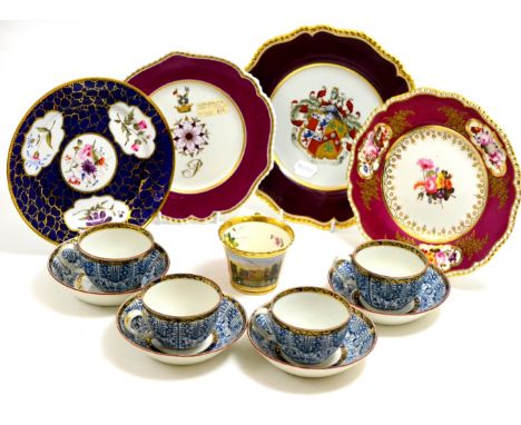 Four Chamberlain Worcester Royal Lilly pattern teacups and saucers; a Chamberlain Worcester Kensington Palace decorated cup; 