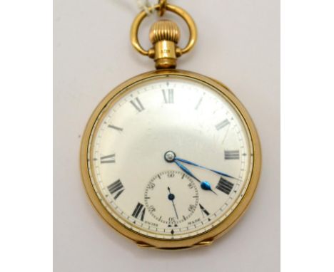 A 9ct gold open faced pocket watch, 1923, lever movement, enamel dial with Roman numerals, seconds dial, cuvette with an engr