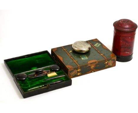 A Huntley & Palmers travelling case biscuit tin, a postbox tin, a Colman's mustard tin and a morocco cased manicure set CONDI