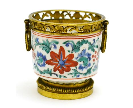 17th century Japanese Arita polychrome porcelain jar with later gilt metal mount, diameter 10cm  For a similar jar, dated cir