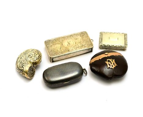A 19th century gold mounted seed box with hinged cover, a niello decorated hinged box and cover with suspension chain, a silv
