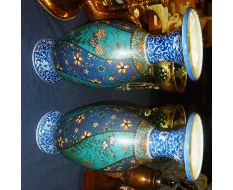 A pair of Japanese cloisonne enamel on porcelain polychrome decorated vases, height 31cm CONDITION REPORT: 