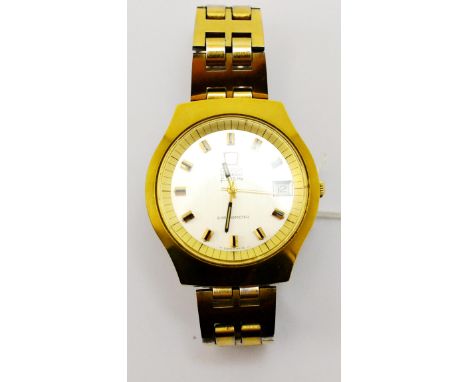 A plated electronic centre seconds calendar wristwatch, signed Omega, Chronometer, f300Hz, circa 1975, electronic movement, s