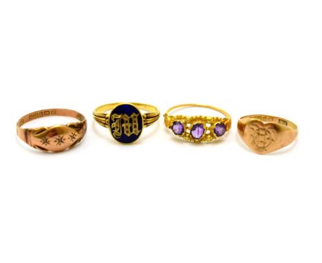 # A blue enamel signet ring (a.f.), finger size M, a 9ct gold heart shaped signet ring, finger size I1/2, a 9ct gold diamond 