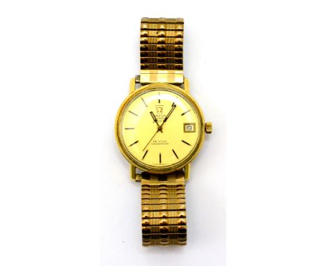 A plated electronic centre seconds calendar wristwatch, signed Omega, Chronometer, f300Hz, model: De Ville, circa 1975, elect