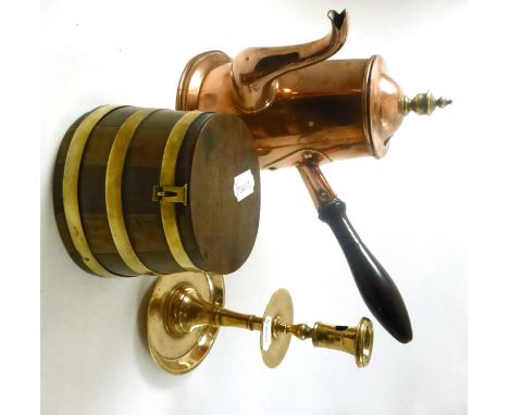 Circa 1700 candlestick, a copper coffee pot and a stave salt