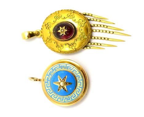 # A Victorian pendant, with garnet cabochon centrally, inset with a seed pearl and tassel suspensions, and a locket back, len