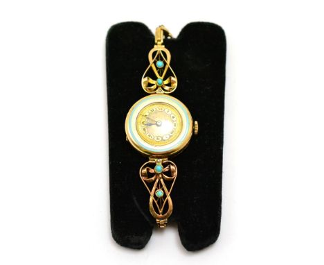 A lady's 9ct gold enamel wristwatch, 1919, lever movement, silvered dial with Roman numerals, hinged back with a London impor