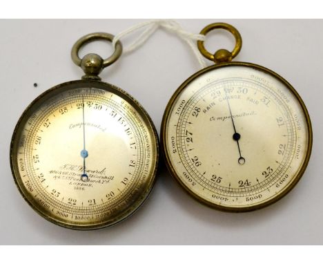 Two pocket aneroid barometers, silvered dial signed JH Steward, 406 & 66 Strand, 54 Cornhill & 63 St Pauls Church Yd, London 