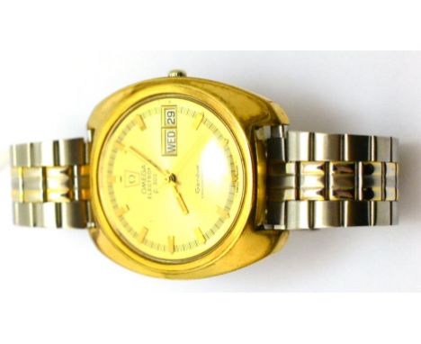 A plated electronic centre seconds calendar wristwatch, signed Omega, Geneve, Chronometer, f300Hz, circa 1975, electronic mov