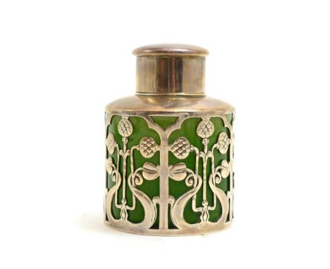 A silver mounted Art Nouveau canister, Chester hallmarks  CONDITION REPORT: Good condition, crazing to pottery.