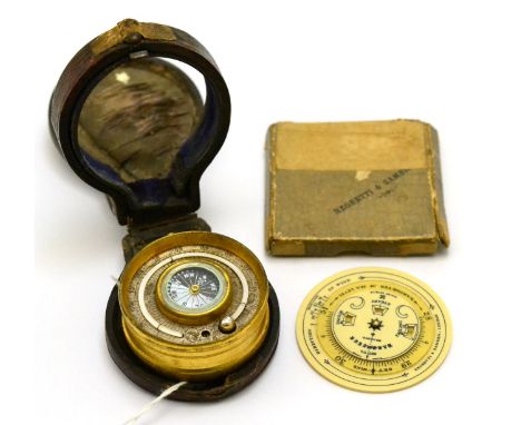 A brass cased combined pocket barometer/thermometer and compass, unsigned, silvered dial, the reverse with a curved thermomet