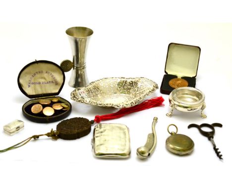 Victorian silver snuff box, silver cigarette case (a.f.), gold plated buttons, silver salt, corkscrew, etc CONDITION REPORT: 