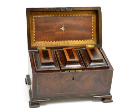 George III Chippendale style three division tea caddy, 26cm wide CONDITION REPORT: Damage to cover near hinge. Signs of resto