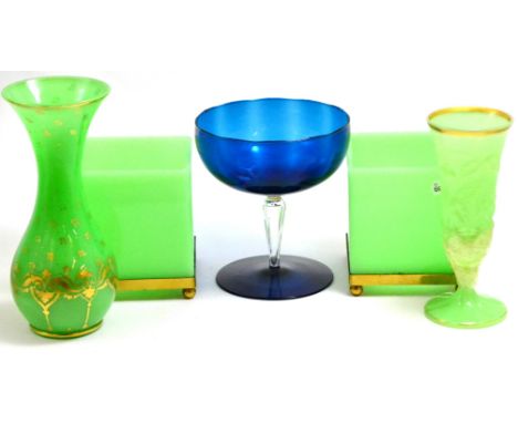 Pair of pale green glass square cache pots on brass bases, large 19th century green opaline vase, another (a.f.) and a later 