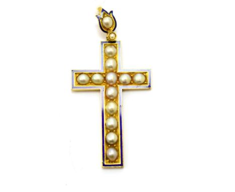 A split pearl set and enamel cross pendant, a tulip shaped pendant bale suspends the plain cross, set throughout with split p