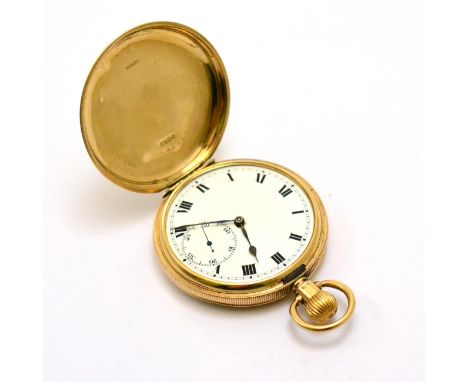 A 9ct gold full hunter pocket watch, 1918, lever movement signed Rolex, enamel dial with Roman numerals, seconds dial, cuvett
