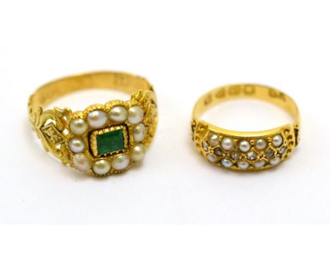 # An 18ct gold seed pearl and rose cut diamond three row ring, finger J1/2, and an 18ct gold emerald and split pearl ring, fi