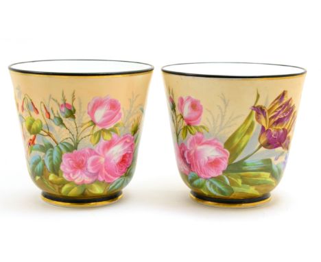 Pair of large 19th century French porcelain cache-pots painted with flowers, height 23cm CONDITION REPORT: Light surface wear
