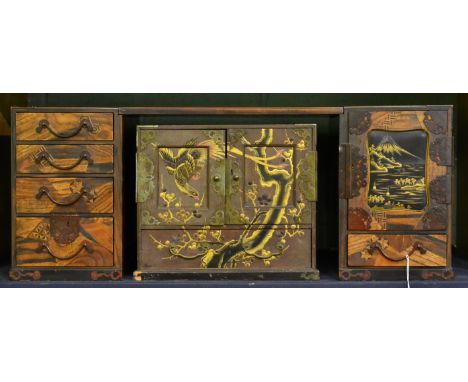 A Japanese lacquered scholars desk together with a Japanese lacquered cabinet and a circular box and cover CONDITION REPORT: 