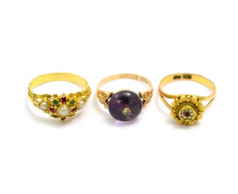 # A split pearl, ruby and emerald ring, finger size N, a 9ct gold amethyst and diamond ring, finger size K and a Victorian ru