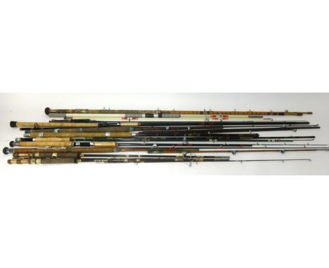 A three piece fibre and cain salmon rod, a hardy split cain salmon rod, a vintage three piece part green heart and other fish