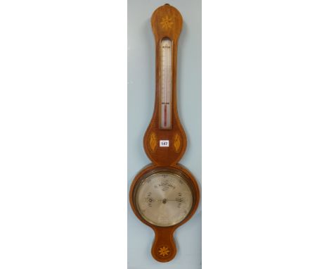 A Benn Franks reproduction banjo wall barometer of Georgian design with inlaid mahogany case.