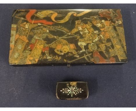 A Chinese papier mache decorated small box the lid decroated in gilt work with a scene of warriors 17cm x 10cm and a 19th cen