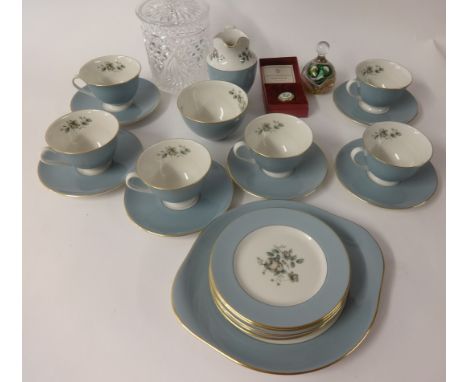 A Royal Worcester tea set, Rose Elegans, also glass biscuit barrel, paperweight and Staff enamel box.