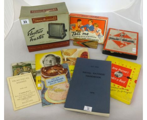 A collection of various items including 1950's swan toaster, Wren harmonica, old  recipe books, monopoly and other games etc.