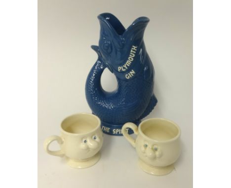 Various ceramics and objects including Plymouth Gin gurgling jug, sundry plates, ostrich feather fan, pottery, stone bottle, 