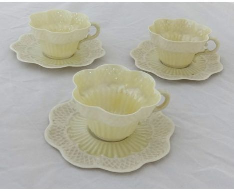 Belleek, three Irish porcelain cups and saucers with first period back stamp.