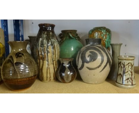 A collection of various studio pottery vases and other pottery including some vases by Jeremy Leach (born 1941) for Lowerdown