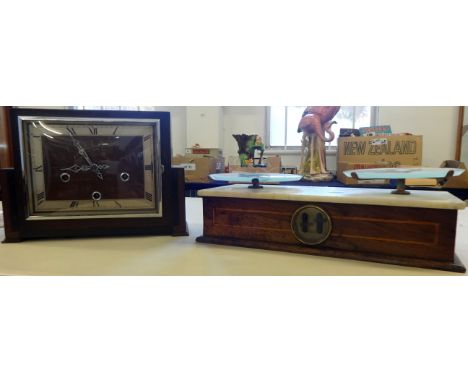 A Westminster chiming oak cased 1940's mantle clock, a 1960's wall clock with twin brass weights and pendulum and marble top 