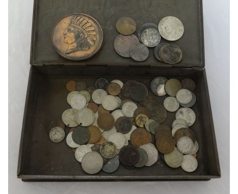 A vintage tin of general English coinage and historic medallions.