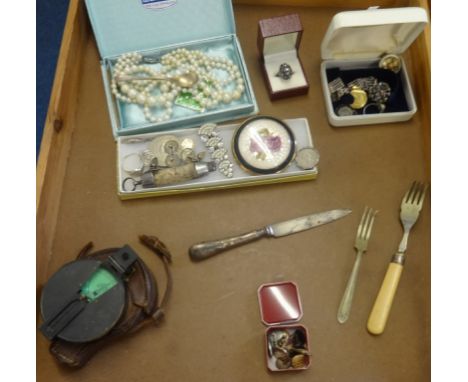 A military compass, various costume jewellery, some silver bits and cufflinks.