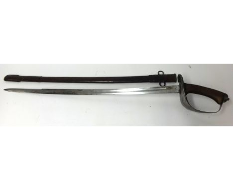 A variant of the 1908 cavalry sword with Wilkinson fullered blade and leathered scabbard, 110cm overall..