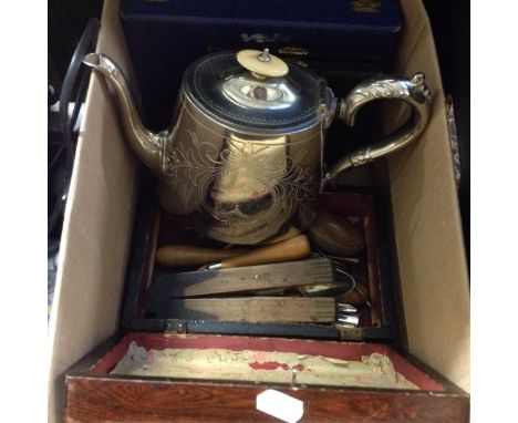 A BOX INCLUDING METAL WARE AND SMALL TOOLS. RTI
