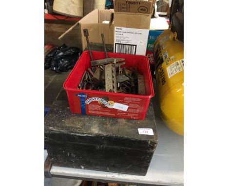 WOOD TOOL BOX AND TOOLS AND A BOX OF DRILLS